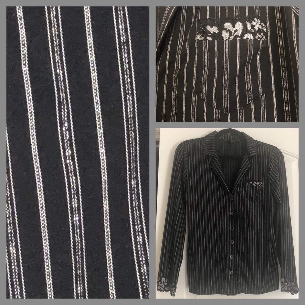 Soma striped silver metallic black pinstripe lace pajama top long sleeve nylon